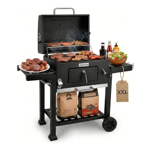 Amig - Holzkohlegrill XXL - Fireplus Tragbarer Barbacue - Grill mit Rädern und Seitenablagen - Belüftungssystem und Aschebehälter - Stahlgrill 57 x 42 cm - Maße: 116 x 131 x 56 cm