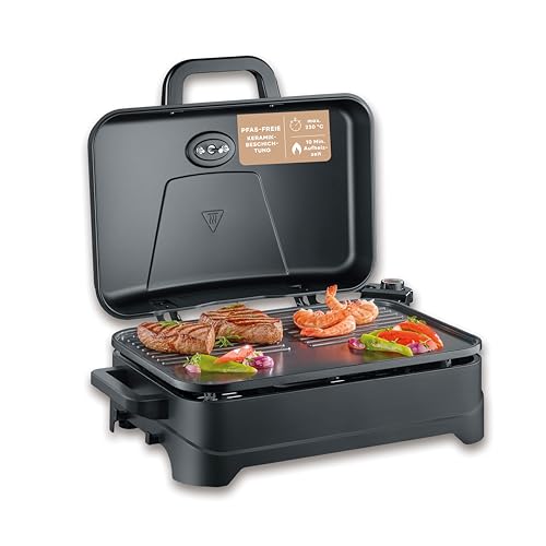 Severin Tischgrill, Elektro-Grill für Balkon, 2300W, 10 Min. Aufheizzeit, Keramik-Beschichtung, max. 230°C, mit Deckel, Thermometer, 45x30cm Grillfläche, matt-schwarz, PG 8597