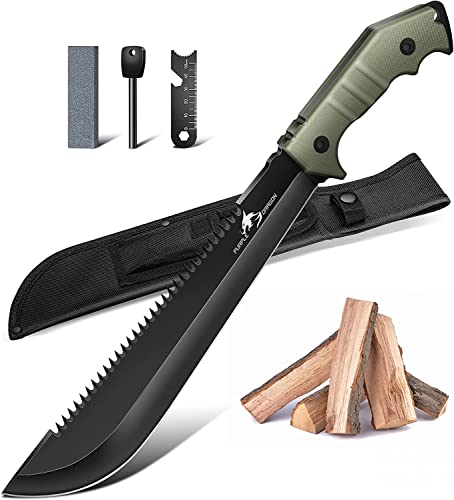 Purple Dragon Großes Outdoor Messer mit Scheide, Full Tang aus einem Stück D2 Stahl gefertigt, Survival zum Sägen von Holz, Bushcraft Outdoor, Geschenke für Männer