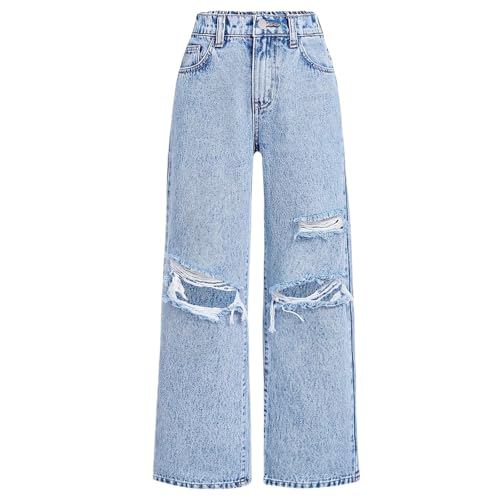 Mädchen Jeans mit Löchern Baggy Weites Bein Jeanshosen Loch Jeans Kinder High Waist Denim Hose Gummizug Gerade Hose mit Löchern Kinderkleidung Mädchen Personalisiert (Light Blue, 11-12 Years)