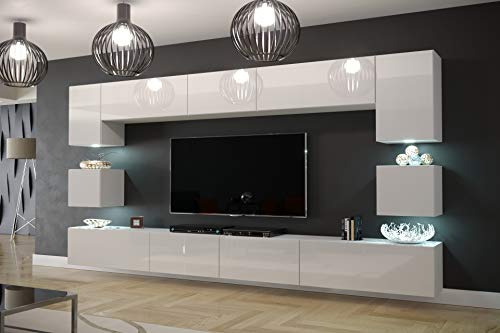 Furnitech Wohnwand Wohnzimmer Möbel (Weiß) mit LED RGB - 16 Farben - Hängend Wohnzimmerwand Modern - Schrankwand mit Regale und TV Schrank (Nowara AN1-17W-HG21 1C)