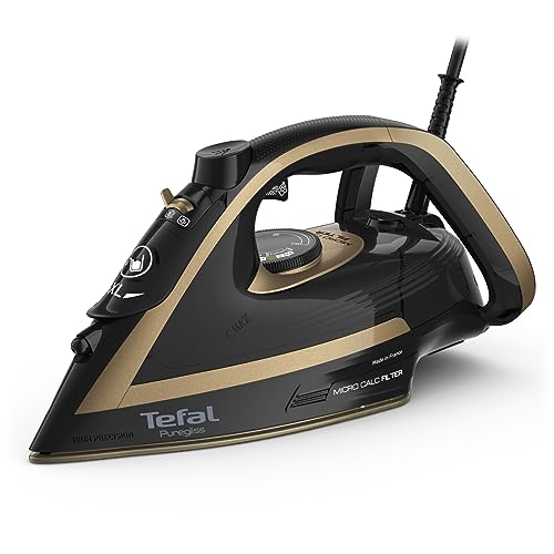 Tefal Puregliss Dampfbügeleisen, 3000 Watt, 280 g/Min. Dampfstoß, 0-50 g/Min. variabler Dampf, Vertikaldampf, Durilium AirGlide Autoclean Bügelsohle, Micro-Calc-Filter, schwarz/gold, FV8064