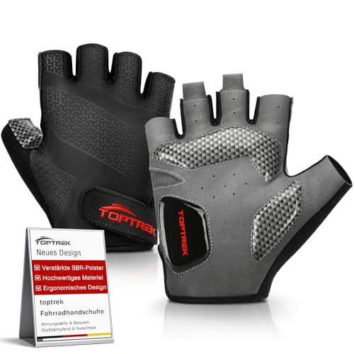 toptrek Fahrradhandschuhe Herren Damen, MTB Handschuhe 6mm SBR-Polstern, Atmungsaktives Halbfinger Fahrrad Handschuhe Sommer, rutschfeste & Stoßdämpfende Radhandschuhe für Rennrad/MTB/Fitness (L)