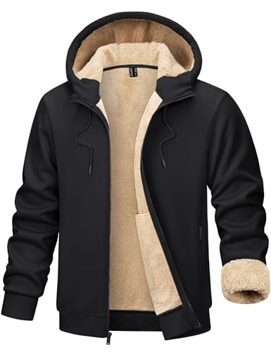 TACVASEN Herren Thermo Fleecejakce Pulli Hoodie Sweatjacke Winter Gefütterte Langarm Sport Hoody mit Taschen, Schwarz, L
