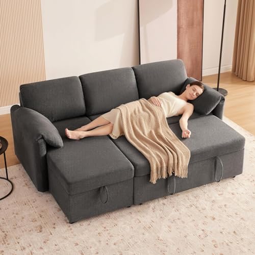 Kingfun 203cm 3-Sitzer Ecksofa mit Schlaffunktion & Bettkasten, Ausziehbares L-Form Schlafsofa mit USB & Stauraum, Kleines Sofa Bett für Wohnung und Wohnzimmer