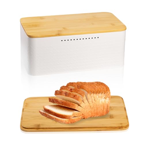feyiubmen Premium Brotkasten inkl. Bambusdeckel - Hochwertige Brotbox aus Karbonstahl für langanhaltende Frische und stilvolle Aufbewahrung, 2in1 Funktion als Schneidebrett, inkl. Brotsack - Weiß