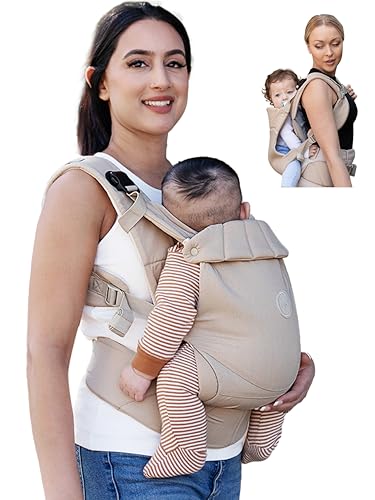 Grownsy Babytrage, Ein-Klick-Schnalle für Einfaches Anlegen, Bequemer Träger von Neugeborenem bis Kleinkind mit Kopfstütze (3-20kg, 3-24Monate), Ergonomisch & Leicht (Khaki)