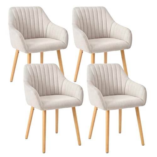 Goeurvant Armlehnenstuhl Esszimmerstuhl 4er Set Beige Holzbeine Polsterstuhl mit Armlehne Stühle Esszimmer Küchenstuhl Wohnzimmerstuhl aus Polyester