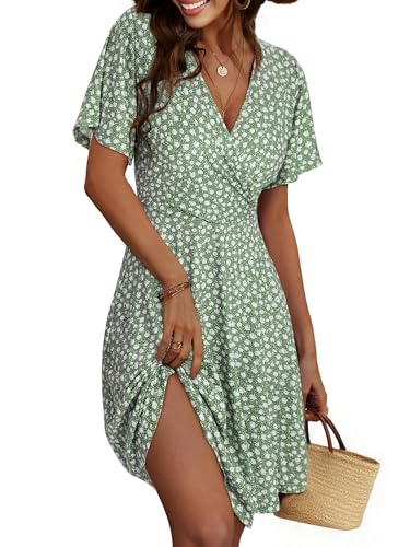 Cicy Bell Damen Sommerkleid Knielang Kurzarm V Ausschnitt Wrap Kleider Blumenmuster Midikleid A-Linie Freizeitkleid Grün M