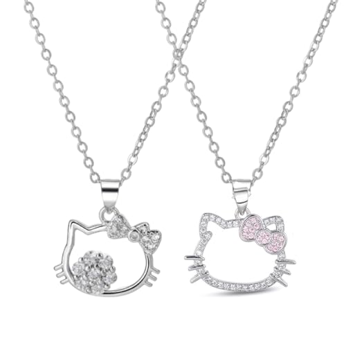 BCHKO 2-teiliges Schmuckset, Ring- und Halskettenset, Diamant-Katzenhalskette, entzückende Halskette mit Schleifen-Kätzchen-Anhänger, Geschenk für Mädchen
