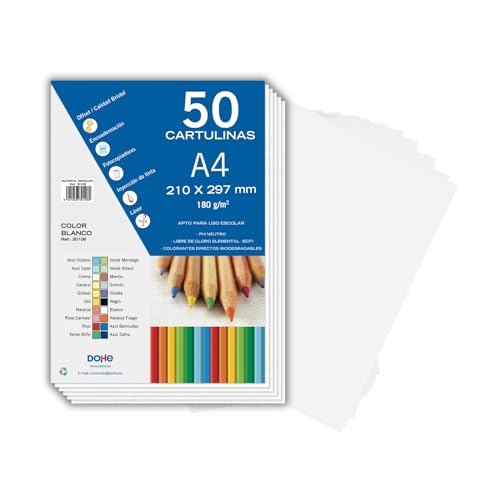Dohe - Weißer Karton A4 (50 Stk.) - Größe 21x29,7 cm, Dicke 180 g/m², Basteln, Drucken und Schulbedarf