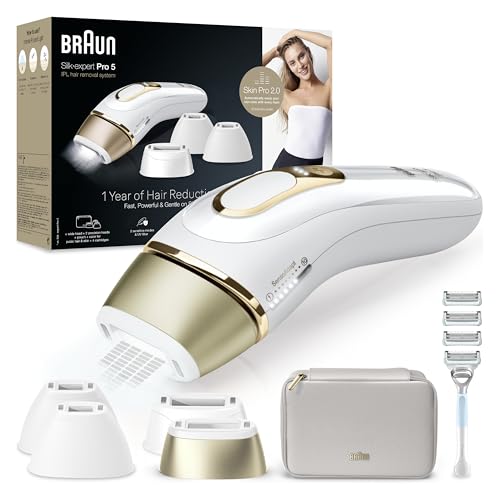 Braun IPL Geräte Haarentfernung Silk·expert Pro 5, PL5358, Weiß/Gold - Alternative Laser Haarentfernung für Zuhause, Dauerhafte Haarentfernung, Inkl. Etui, Venus Rasierer Und 4 Aufsätze