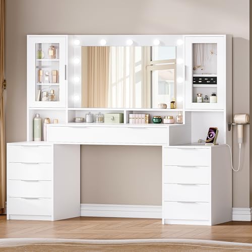 Hzuaneri 150 cm Große Schminktisch mit LED-Beleuchtung und Steckdosenleiste, Schminktisch mit Spiegel, Dreifarbiger Lichteinstellung, 10 Schubladen, Schmuckaufbewahrung, Weiß-Silber DT43703XEU