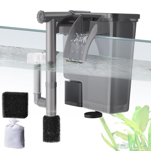 VILLNO 5W Aquarienfilter: Ultra-leiser 470L/H Aquarium HOB Außenfilter mit Filterschwamm und Aktivkohle, Einstellbarer Wasserfallfilter für 15-70L Aquarien