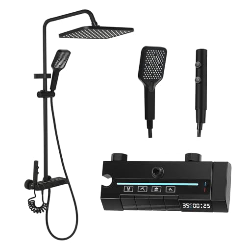 Duschsystem, 4 Strahlarten, Regendusche, Handbrause, Duscharmatur, Wasserhahn, Duschset mit LED-Digitalanzeige, höhenverstellbar, Edelstahl, schwarz