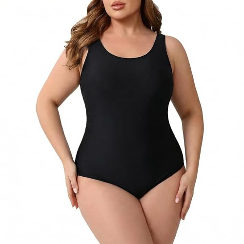 InfiniZer Damen Badeanzug Bauchweg, Badeanzug Damen große Größen mit weichem Futter & Plissee-Design für Bauchweg-Effekt (DE/NL/SE/PL, Numerisch, 44, 46, Große Größen, Regular, Schwarz)