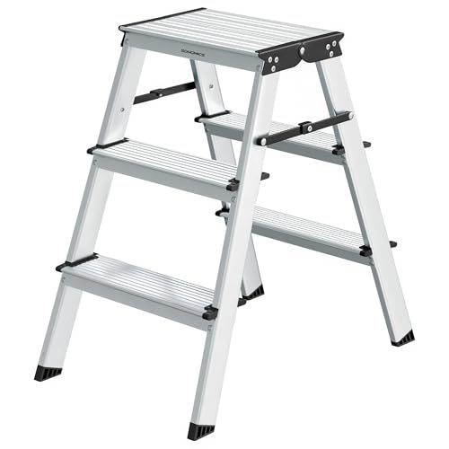 SONGMICS Leiter, Trittleiter, Aluleiter mit 3 rutschfesten Stufen, klappbar, Stehleiter, Mehrzweckleiter, bis 150 kg belastbar, Silbergrau-tintenschwarz GLT23K