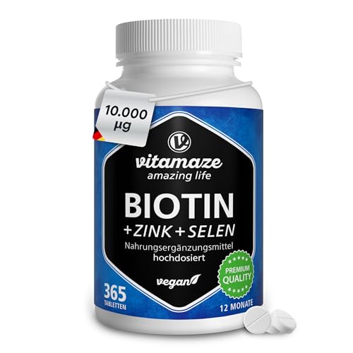 Vitamaze Biotin hochdosiert 10.000 mcg + Selen + Zink für Haare, Haut & Nägel, 365 vegane Tabletten für 1 Jahr, D-Biotin, Nahrungsergänzung ohne Zusatzstoffe, Made in Germany