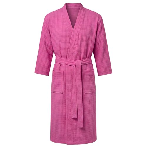 AUYAO Bademantel Herren Damen, Hautfreundlich und Super Saugstark Morgenmantel, Leichter Bademantel Waffelpique mit Gürtel und Taschen, Schnelltrocknend Saunamantel Dusche, Spa und Pool (Fuchsia-L)