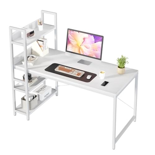 Sweetcrispy Schreibtisch mit Seitlichem Regal & Verstellbaren Füßen, 120 cm breiter Bürotisch, Starker Computertisch mit Ablagefläche, Einfacher Montage, Weiß