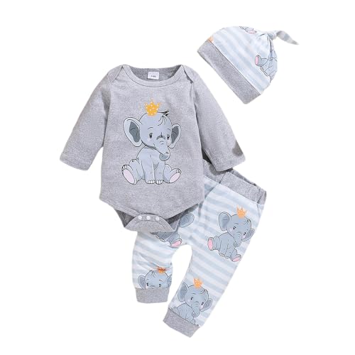 WERNZATT-3PCS Baby Herbst Outfits Langarm Elefant Druck Strampler Hosen Hut Set Kleinkind Kleidung Baby Outfits (Gray, 0-3 Months)