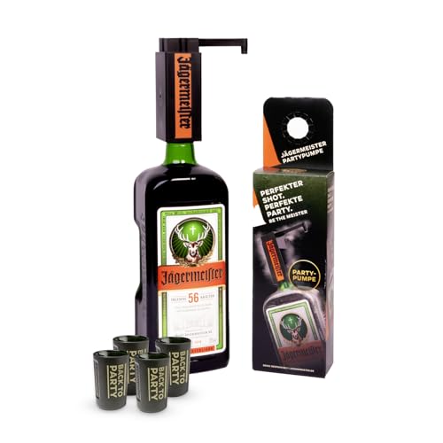 Jägermeister Geschenk-Set mit Partypumpe – 1,75 l Premium Kräuterlikör 35% Vol. inklusive 4 Shotgläser 2 cl – Manuelle Pumpe für perfekte Shots – Party-Set