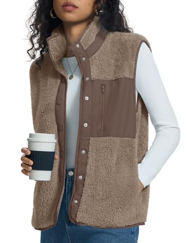 Kistore Teddy Weste Damen Casual Leicht Fleeceweste Damen Einfarbig Stehkragen Ärmellos Daunenjacke Mantel(Khaki,XL)