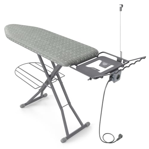 SONGMICS Bügelbrett mit Steckdose und Ablage, Bügelfläche 129 x 38 cm, Höhenverstellbar, für Dampfbügeleisen, Taubengrau, BORIX Kollektion LLB022G101
