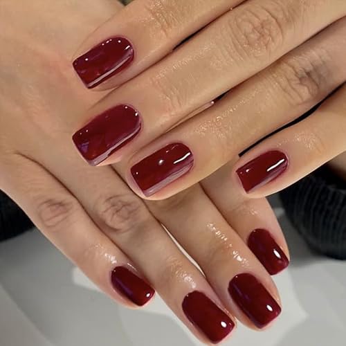 Press on Nails kurz - 24 Stück Burgunderrote Fake Nails Full Cover mit Nagelkleber, Square Nägel zum Aufkleben Acryl Künstliche Fingernägel für Frauen & Mädchen Nail Art Maniküre (Rot, 24x)