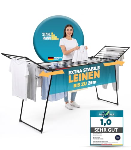 STAHLMANN ® Wäscheständer ausziehbar mit Flügel [25M Trockenfläche ] - WäscheständerXXL [Made IN EU] - Wäscheständerschwarz mit Klemmen für kleine Wäschestücke