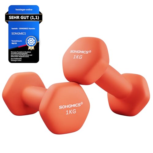 SONGMICS Set von 2 Hanteln, 2 x 1 kg, Sechseckige Hanteln mit Vinyl-Oberfläche, für Fitness, Training, Heimtraining, Orange Papaya SYL902O01