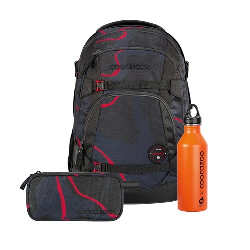 Coocazoo Schulrucksack-Set MATE „Lava Lines“ 3-teilig, schwarz-rot, ergonomischer 30L Tornister, mit Brust- und Hüftgurt für Kinder ab der 5. Klasse, inkl. Mäppchen und Edelstahl-Trinkflasche