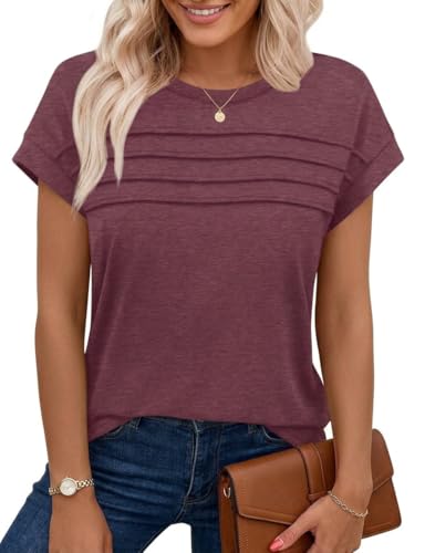 Chicrise T Shirt Damen Sommer Flügelärmeln Rundhals Plissee Tunika Elegant Kurzarm Plain Loose Casual Oberteile Wein Rot X Groß 46-48