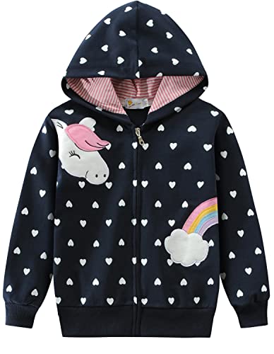 EULLA Kinder Mädchen Zip Up Hoodie Sweatjacke Kapuzenjacke Kapuzenpullover Langarm Baumwolle Einhorn Regenbogen Pullover Hoody Sweatshirt mit Reißverschluss 2# Dunkelblau Einhorn Regenbogen DE 122