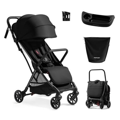 Momcozy ClickGo Buggy klein zusammenklappbar als Flugzeug-Handgepäck, Einhand-Klappmechanismus, mit Liegefunktion, UV-Schutz 50+, XL-Korb bis 3 kg, Geeignet von 0–4 Jahren bis 22 kg, Schwarz