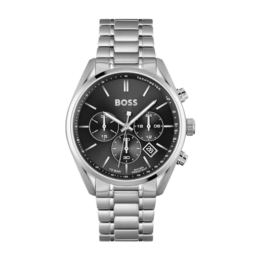 BOSS Herren 44mm Chronograph Quarz Uhr Champion Kollektion mit Schwarzem Zifferblatt und Edelstahlarmband, Datumsfunktion, 3 Sub-Dials, 10ATM Wasserdichtigkeit - 1513871