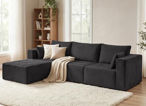 FurniSoar Modulares Sofa 4-Sitzer Schwarz – Boneless Couch aus Cord, Keine Montage – Sofa L-Form, Ecksofa mit Schlaffunktion, Big Sofa für Wohnzimmer, Cloud Couch