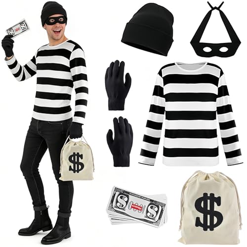 ZeiLaBang Kakadi Kostüm Dieb,Kostümset für Räuber für Erwachsene,Karneval Kostüm,Pantomime kostüm,Sträfling Kostüm Herren,Taschen und Augenmaske,Banknoten,Hut,Handschuhe für Karneval Halloween Kostüm