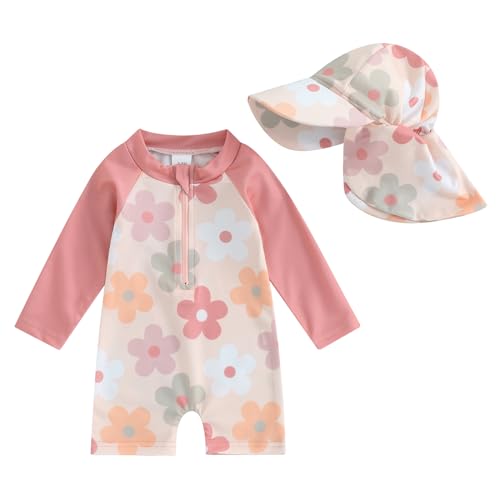 HodJIU Baby-Badeanzug für Mädchen, UV-Schutz, langärmelig, mit Badekappe für Neugeborene, rosa Blumen, 0-3 Monate