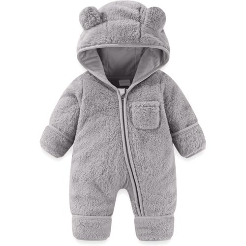 2025 Neugeborenes Baby Strampler Outfit Umschlag Fäustlinge Füßlinge Mädchen Jungen Winter Schneeanzug Fleece Kleidung Kapuzenoverall Baby Schlafanzug 74 (Grey 0-3 Months)