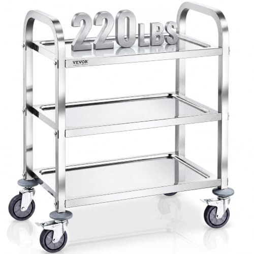 VEVOR Laborwagen Gerätewagen Medizintechnik Servierwagen 201 Edelstahl Tragbar Abräumwagen 100 kg Tragfähigkeit, 740 x 396 x 860 mm Labor Rollwagen Medical Trolley Dreifach-Design Silber