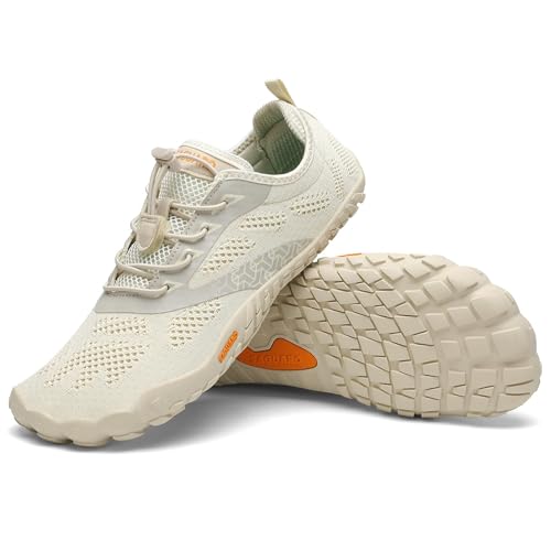 SAGUARO Barfußschuhe Herren Damen Fitnessschuhe mit Zehen Sohle Bequem Atmungsaktiv Sport Traillaufschuhe rutschfest Leight Laufschuhe Outdoor Beige 39 EU
