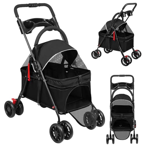 Homewell Faltbarer Hundebuggy für Hunde, Haustiere Buggy, Hundewagen mit abnehmbarer Transportbox, Getränkehaltern, Ablagefach und Netzfenstern, Klappbar, bis 20 kg (Schwarz)