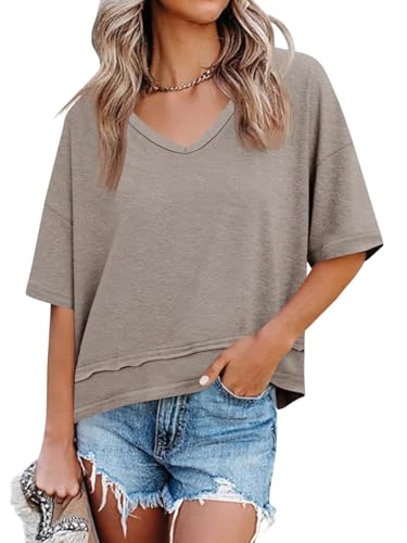 Cicy Bell Damen Oversize T Shirt V-Ausschnitt Oberteil,Khaki,XL