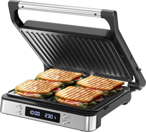 Olvy Sandwichmaker XXL, Digitaler Kontaktgrill mit Antihaftplatten, 3-in-1 Panini Maker, 180° offener Grill, einstellbare Temperatur, Timer, große Kochfläche, Cool-Touch-Griff