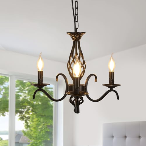 Comely Kronleuchter im Rustikalen Stil, Vintage Pendelleuchte aus Metall Höhenverstellbar, 3-Flammig Deckenlampe Schwarz für Esszimmer Wohnzimmer Schlafzimmer, E14-Fassung