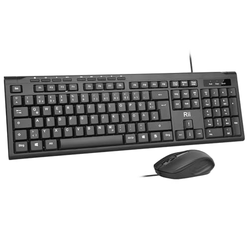 Rii Kabelgebundenes Tastatur-Maus-Set, PC Tastatur mit Kabel, Spritzwassergeschützt, Ergonomisch, USB-Anschluss, PC/Laptop, Windows/macOS, Büro/Schule - Deutsches QWERTZ Layout, Schwarz