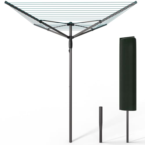 VOUNOT® Wäschespinne Draußen, Klappbarer Wäscheständer 4-stufig höhenverstellbar, Wäscheschirm mit 45m Wäscheleine inkl. Bodenhülse und Schutzhülle, Grau-Blau