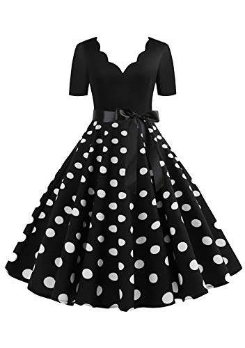 EFOFEI Damen Hepburn Cocktail Kleid 1950er Vintage Retro Kleid Petticoat Lange Ärmel Ballkleid Schwarz M