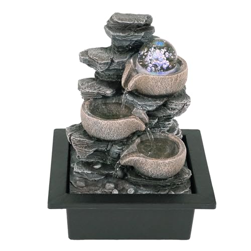 NATIV LEMODO Zimmerbrunnen “Fels'' mit LED-Beleuchtung | Tischbrunnen mit beweglicher Glaskugel | dekorativer Zierbrunnen mit Wasserfall | Wasserbrunnen für Zuhause und Büro